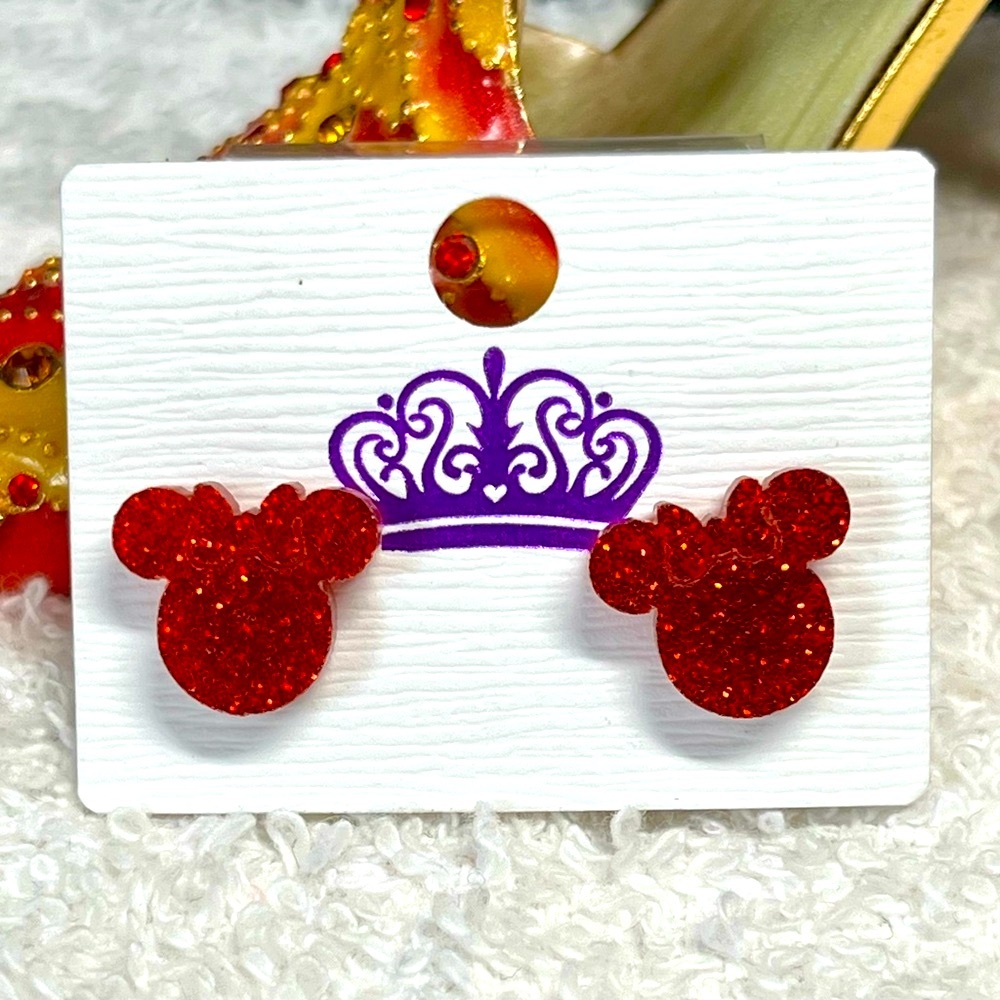 Red Glitter Mouse Ears Kids Earrings
